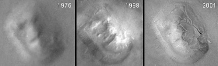 Il "volto di Marte" a confronto nelle fotografie del 1976, 1998 e 2001