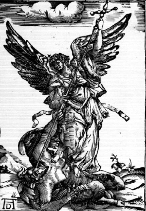 L'arcangelo Michele schiaccia Lucifero con il piede