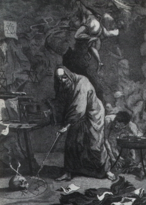 Dipinto di uno stregone circondato da segni cabalistici durante una messa nera (satanica)