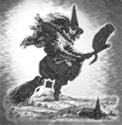 Ritratto di una strega che vola su di una scopa