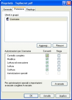 Scheda Protezione della finestra Propriet file, in cui  negato l'accesso a tutti tranne ad un utente