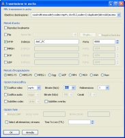 Finestra di impostazione della Trasmissione in uscita con output HTTP codificato in MP4 a 512 kb/s