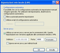 Finestra di impostazione del server proxy di Internet Explorer