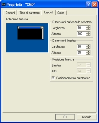 Finestra Propriet del prompt dei comandi, scheda Layout